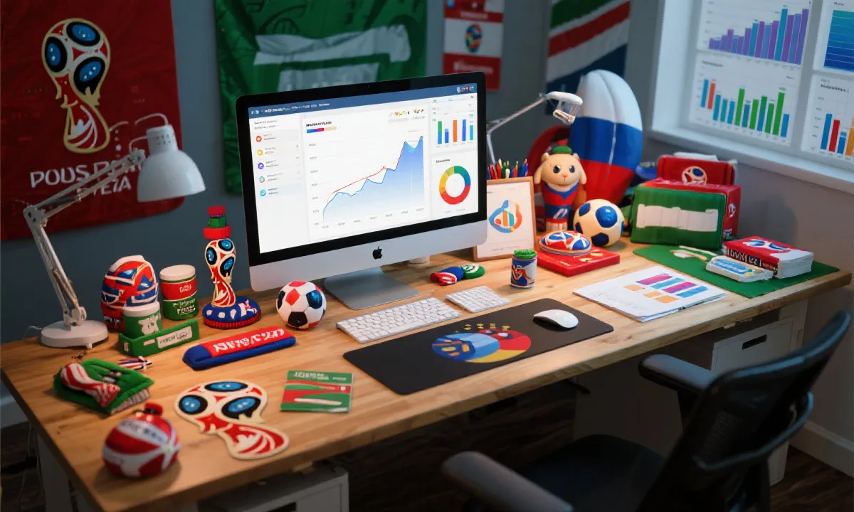 世界杯主题跨境电商产品与数据分析的工作桌面场景