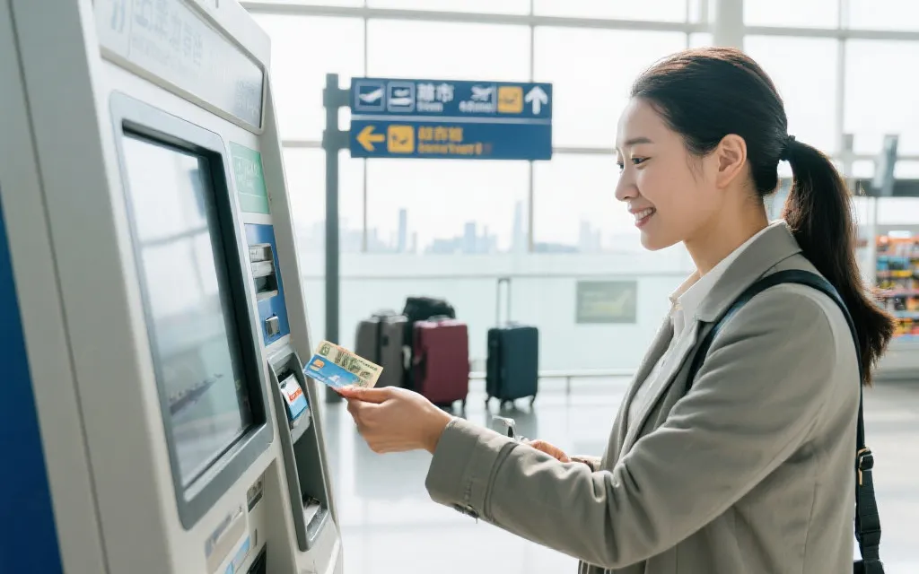 机场落地后使用多种支付方式购买交通与餐饮的场景