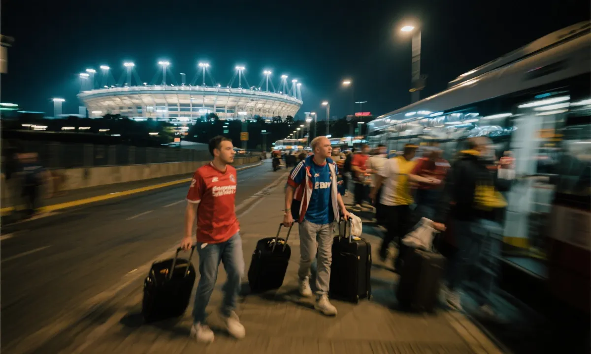 球迷拖着行李在城市间转场，夜色与球场灯光的电影感场景